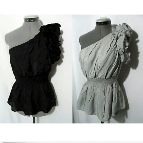 Nwt ICU Roses Peplum Top S Black Gray blouse Small One shoulder Ruched - Picture 4 of 7